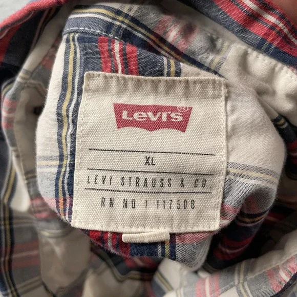 Levis Shirt Mens Extra Large Red Blue Plaid Western Pearl Snap Short Sleeve - Picture 8 of 11